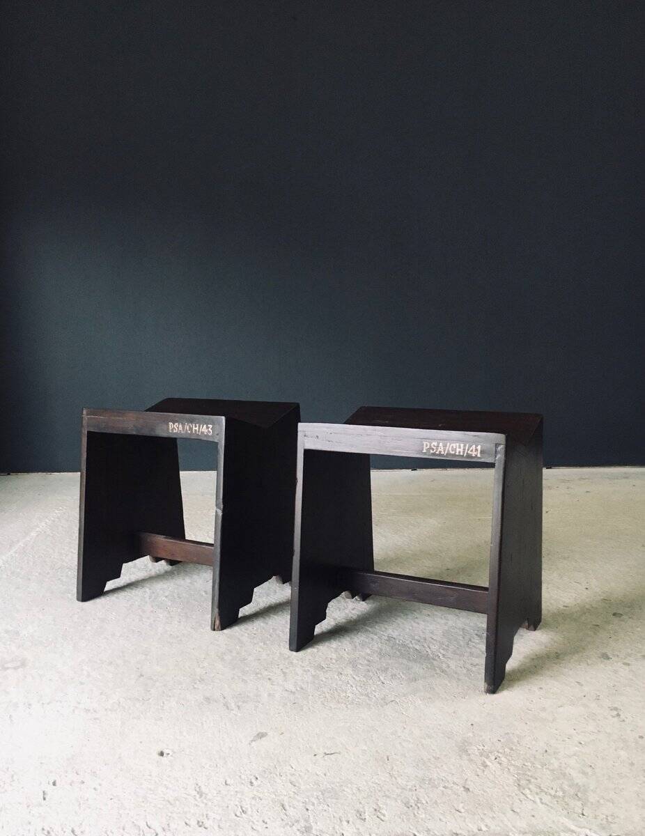 Modernist PJ-SI-68-A Sewing Stools by Pierre Jeanneret for Chandigarh, 1950s, India, Set of 2