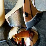 Modernist lamp chromed metal 70s, beige canvas lampshade