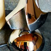 Modernist lamp chromed metal 70s, beige canvas lampshade