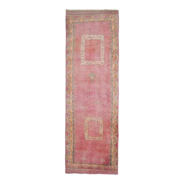 1970s vintage Turkish hand-knotted wool cotton pink runner rug 110x361
