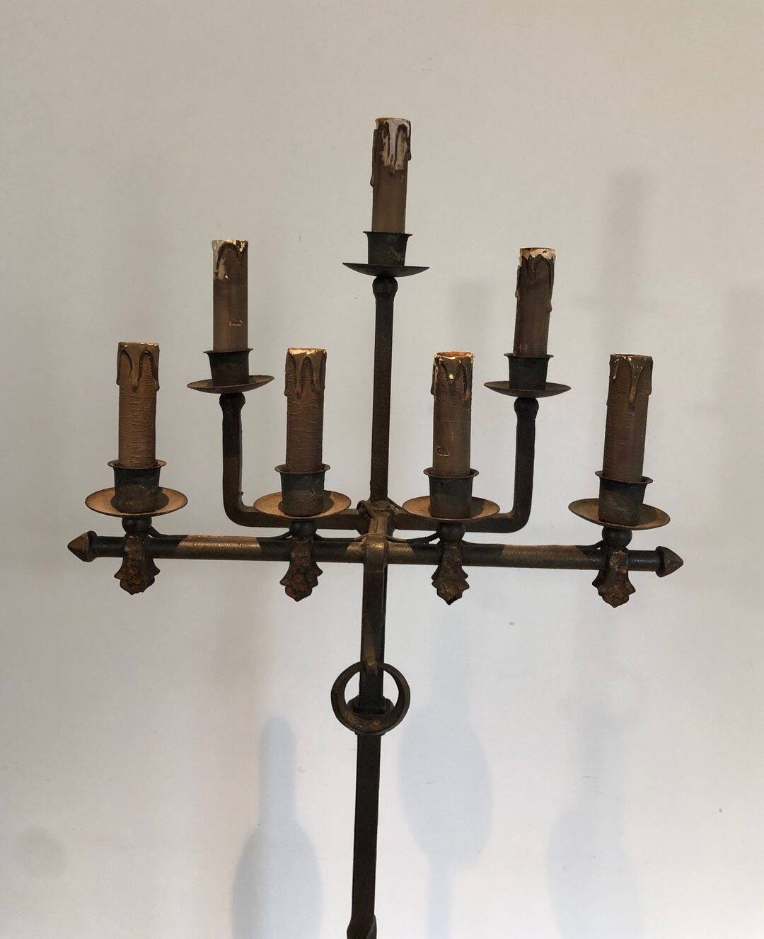Parquet Floor Lamp in Wrought Iron and Gilded Iron, Art Deco, French Work,