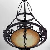 Wrought Iron and Glass Paste Pendant Light, Art Nouveau / Art Deco, Early 20th Century