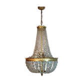 Lustre mongolfière bronze doré à pampilles ancien rétro