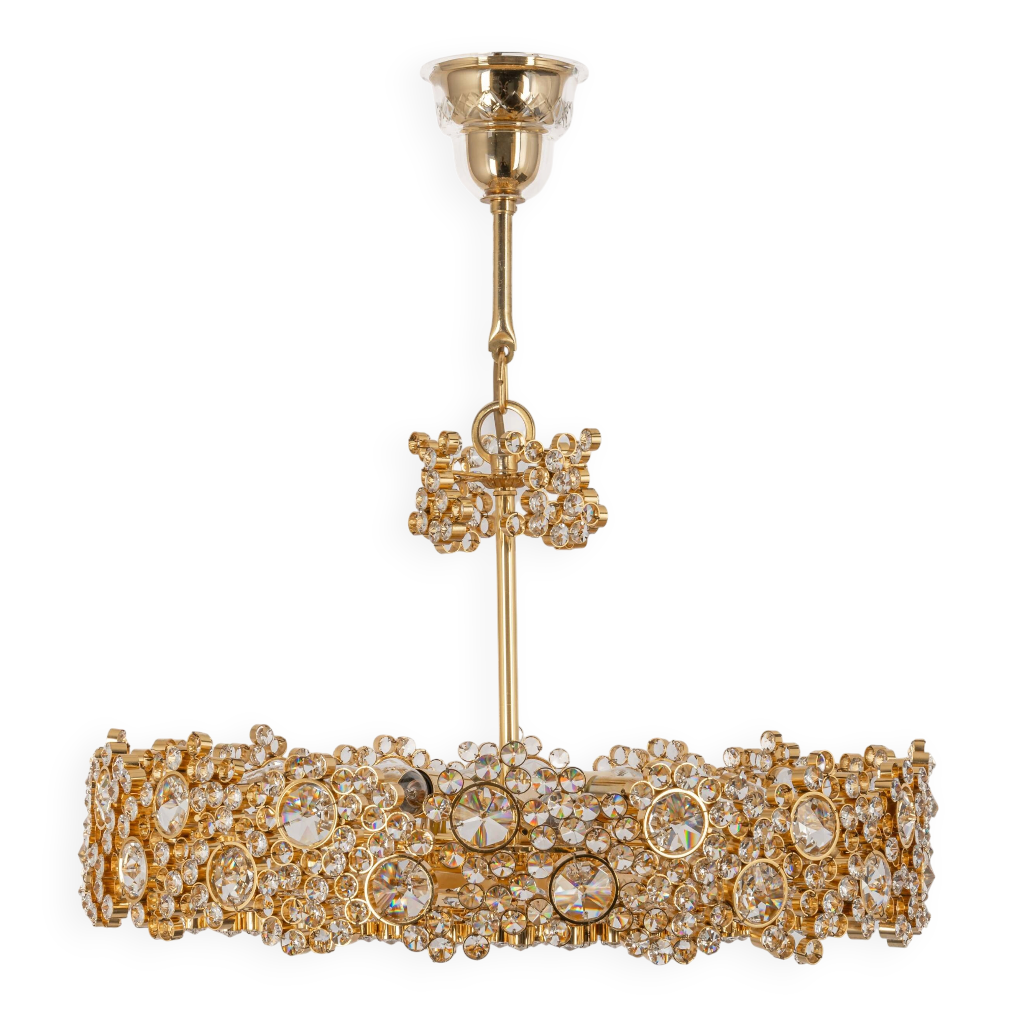 Chandelier in gilded brass and crystal glass inlaid by Palwa, Germany, 1970s.