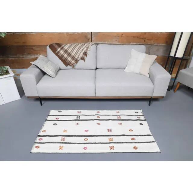 Vintage Turkish Handmade Wool Cotton White Rug 77x144