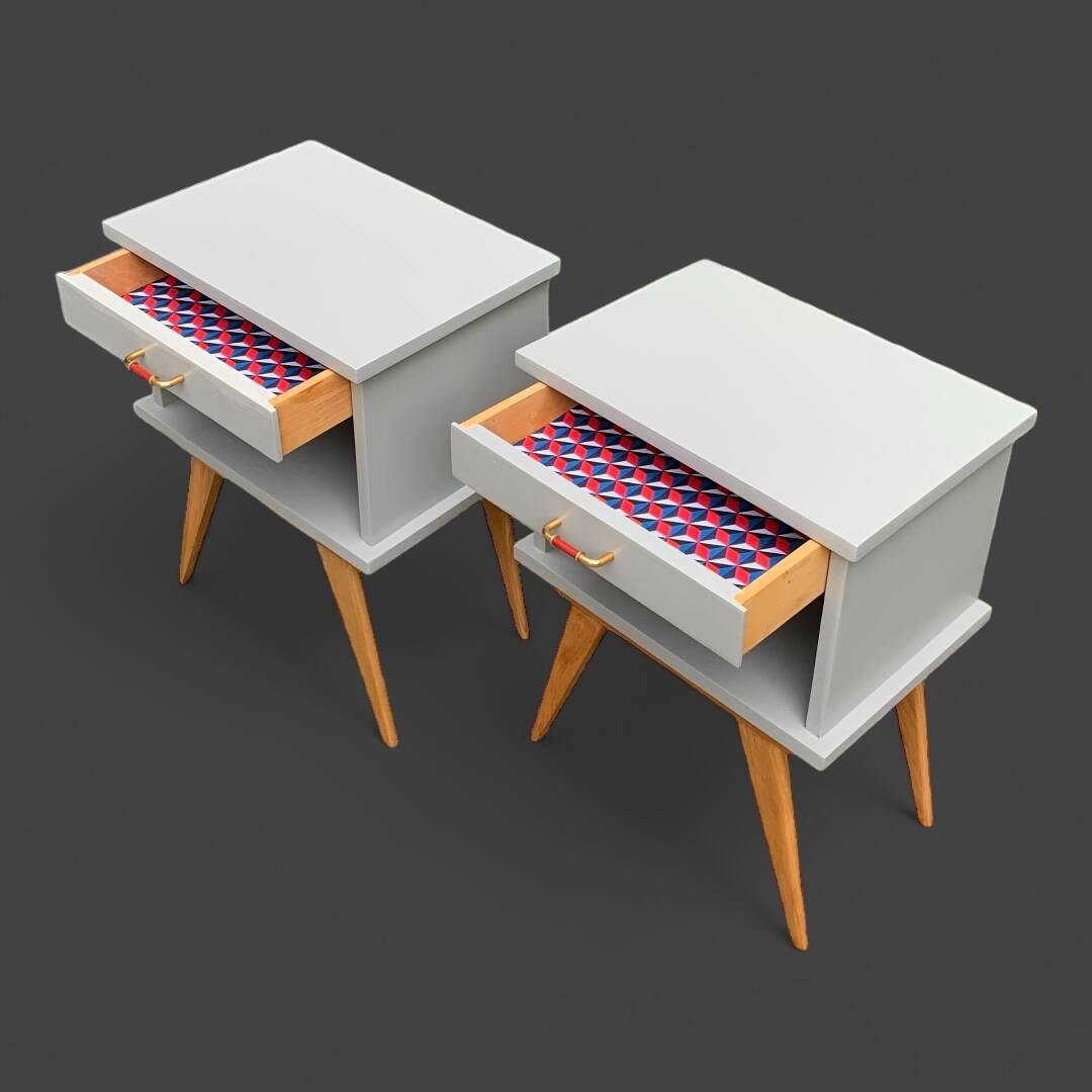 Pair of vintage 1950s compass foot bedside tables