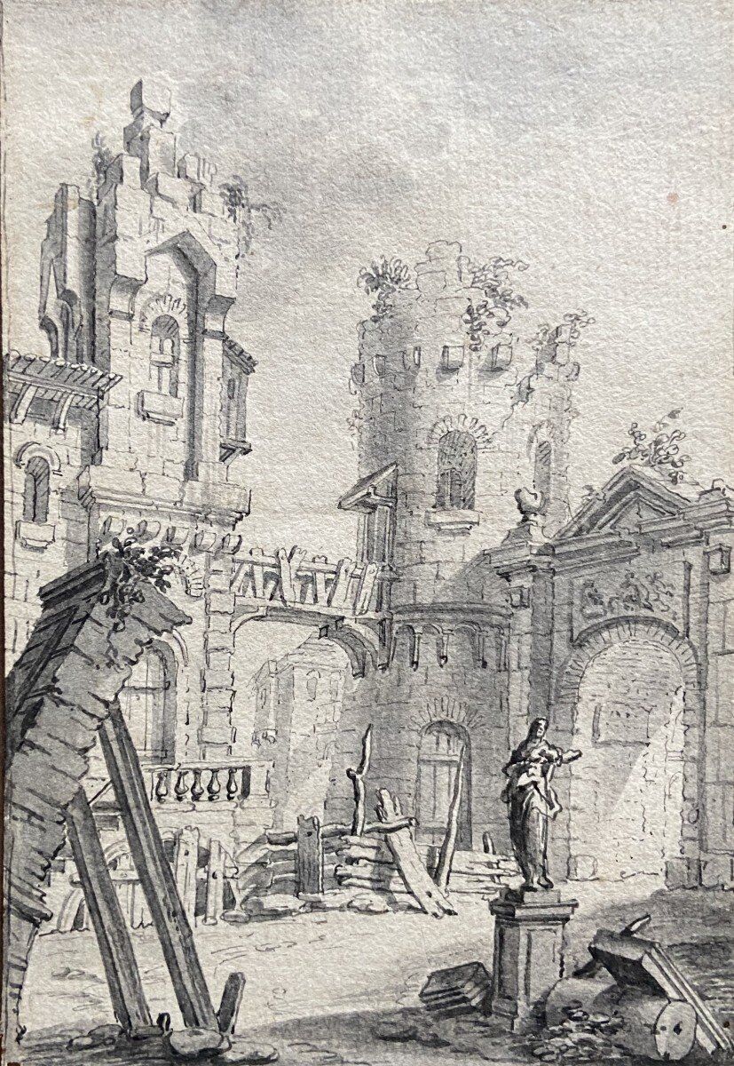 French school of the 18th century, courtyard of a ruined palace, pen drawing