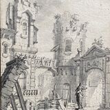 French school of the 18th century, courtyard of a ruined palace, pen drawing