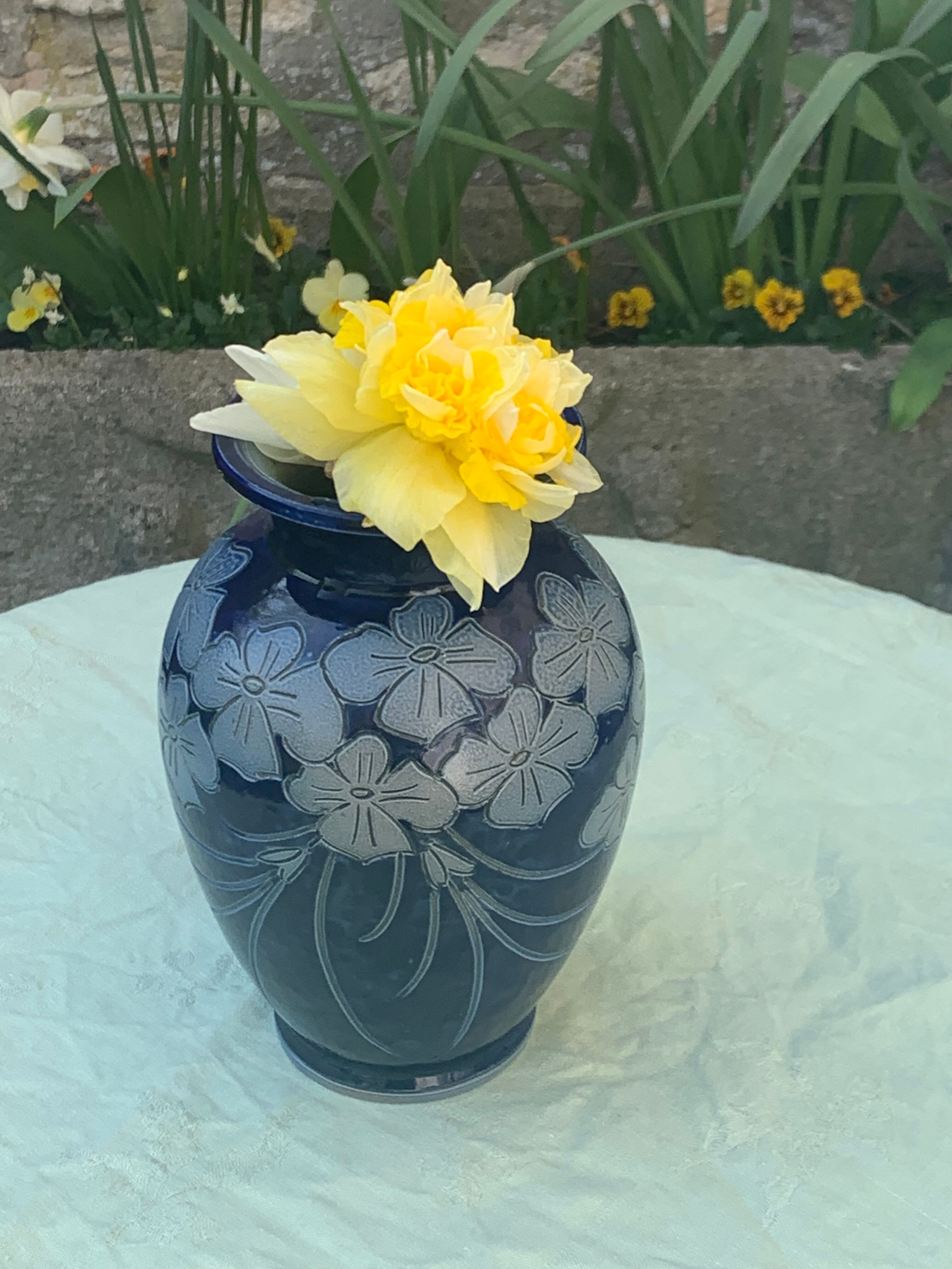 Blue sandstone vase signed Marcel Schmitter betschdorf Alsace