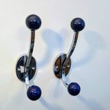 Pair of vintage chrome and blue coat hooks