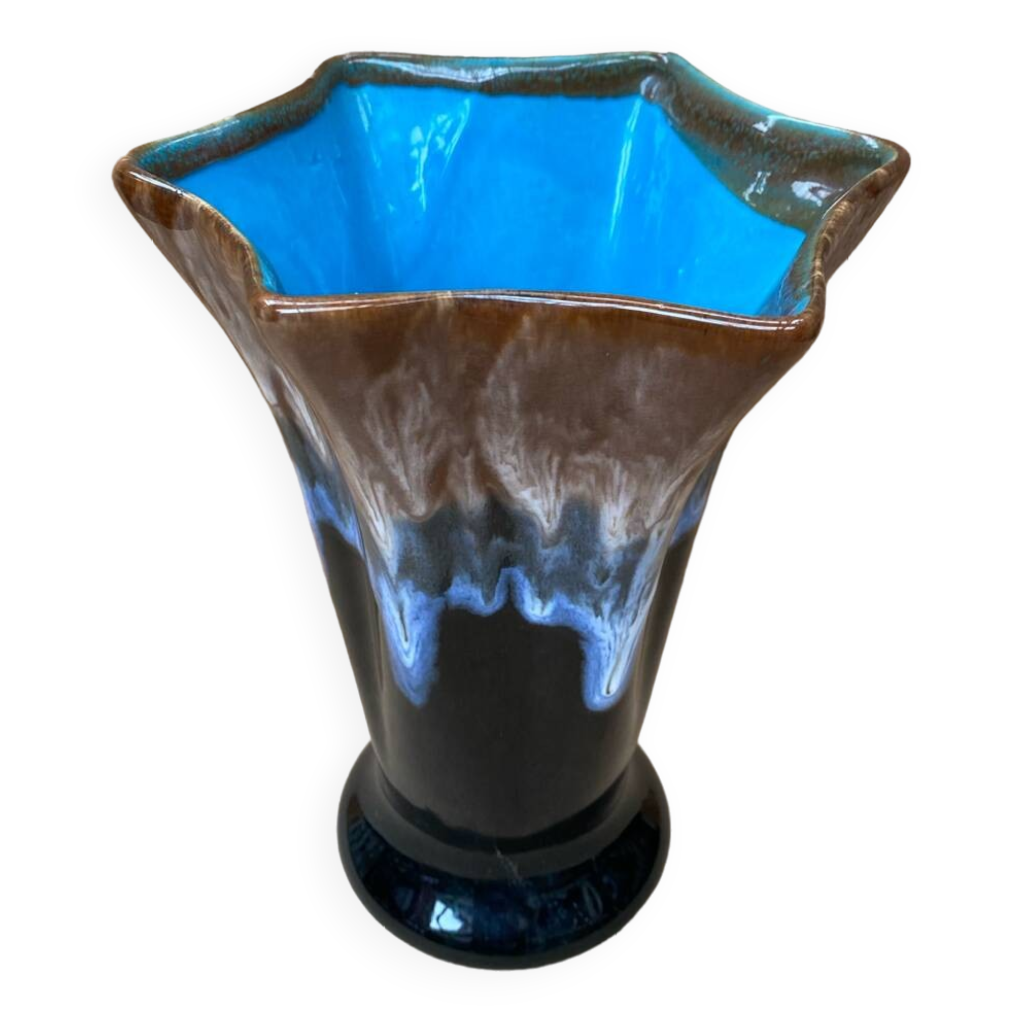 Antique Vallauris Style Ceramic Vase Black Blue Beige Vintage