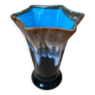 Antique Vallauris Style Ceramic Vase Black Blue Beige Vintage