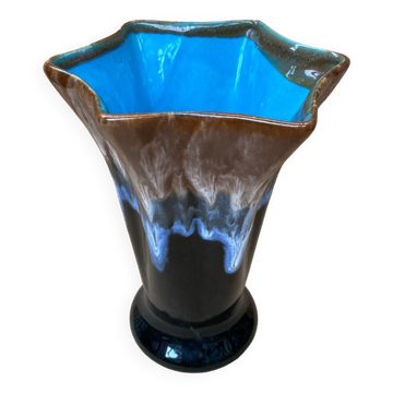 Ancien Vase Style Vallauris Céramique Noir Bleu Beige Vintage