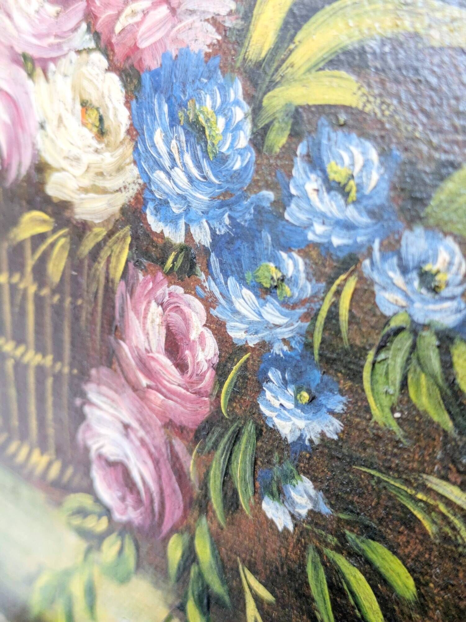 Antique oil painting, bouquet of peonies, ornate gilded frame