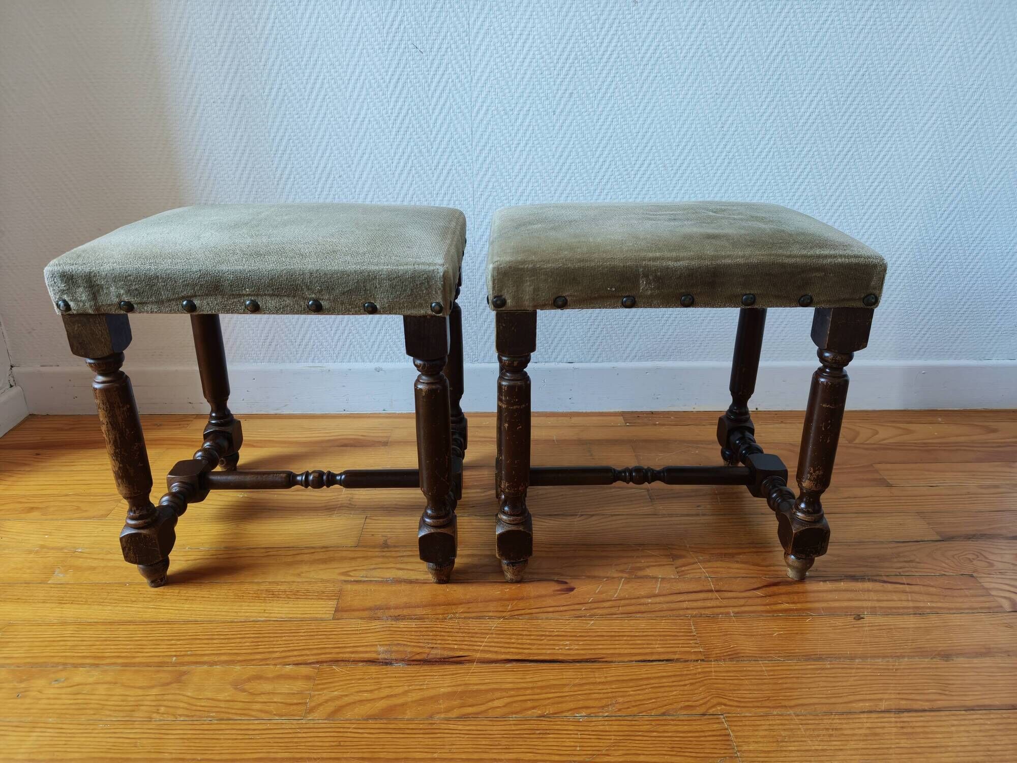 Pair of vintage Dutch stools with a patina – Wabi-Sabi spirit