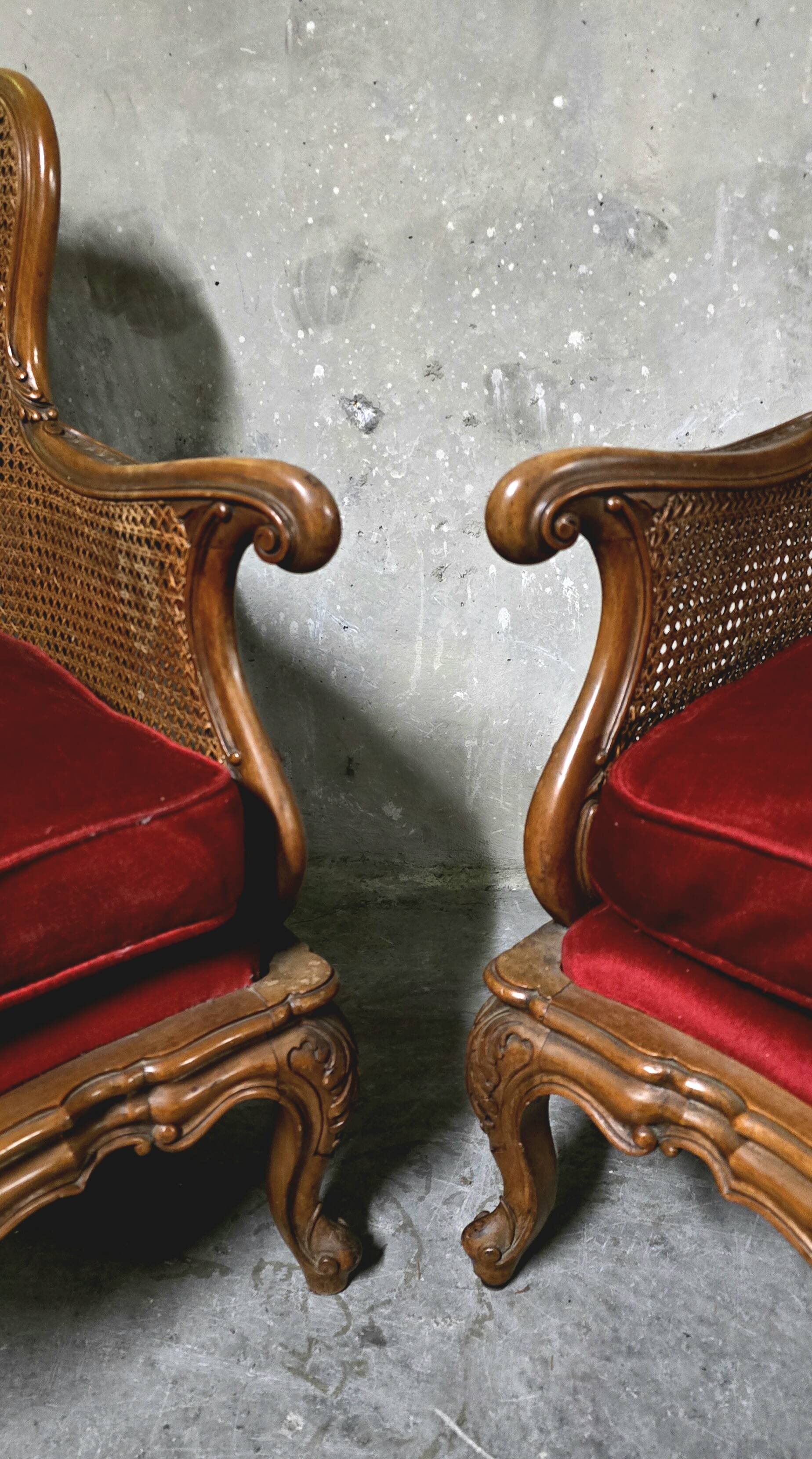 Pair of wooden and rattan armchairs, Louis XV style