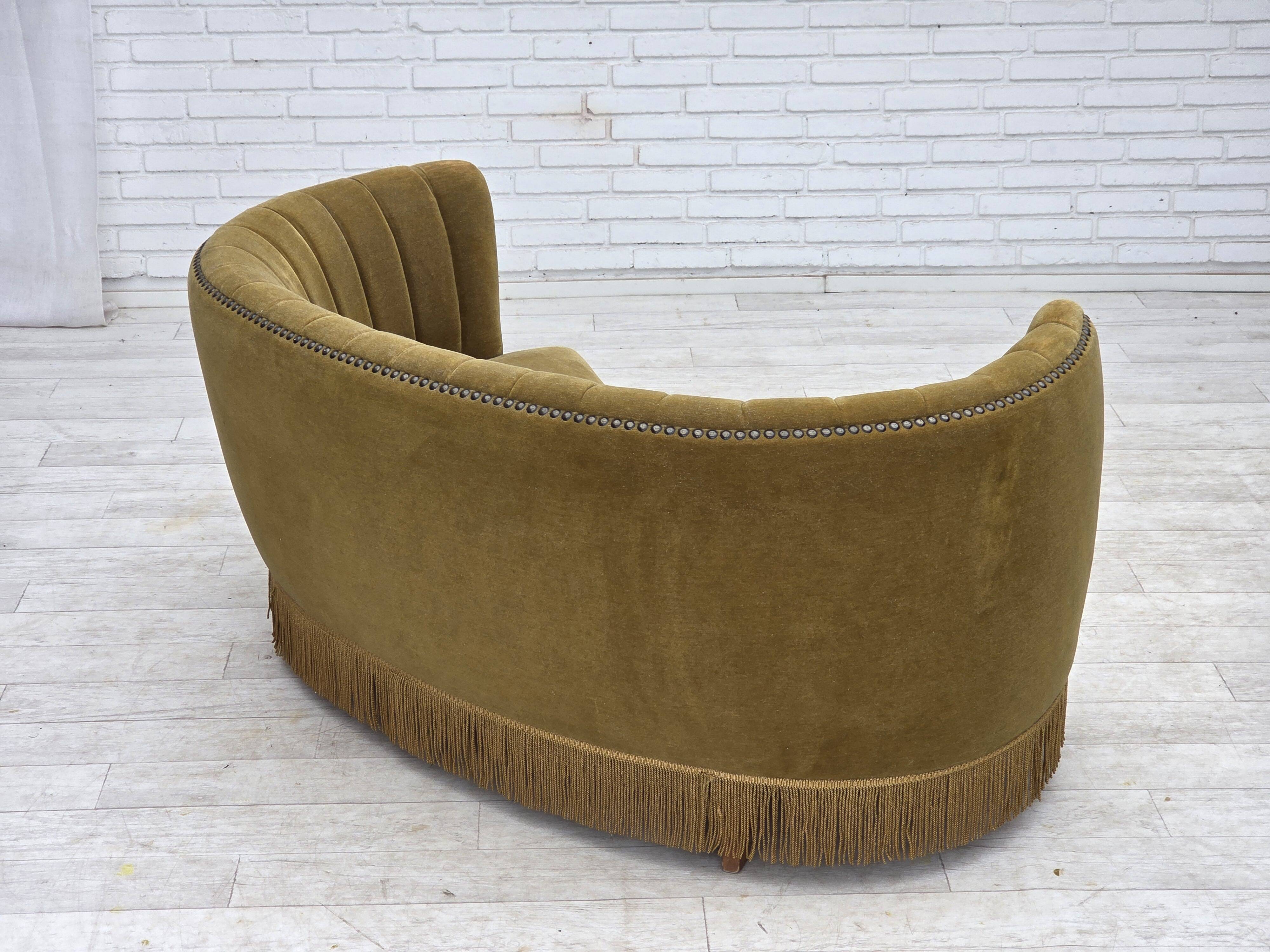 1970s, Danish 2-seater "Banana" sofa, green furniture velour.