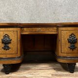 Curved Art Deco period center desk in clear magnifying glass and black lacquer circa 1925