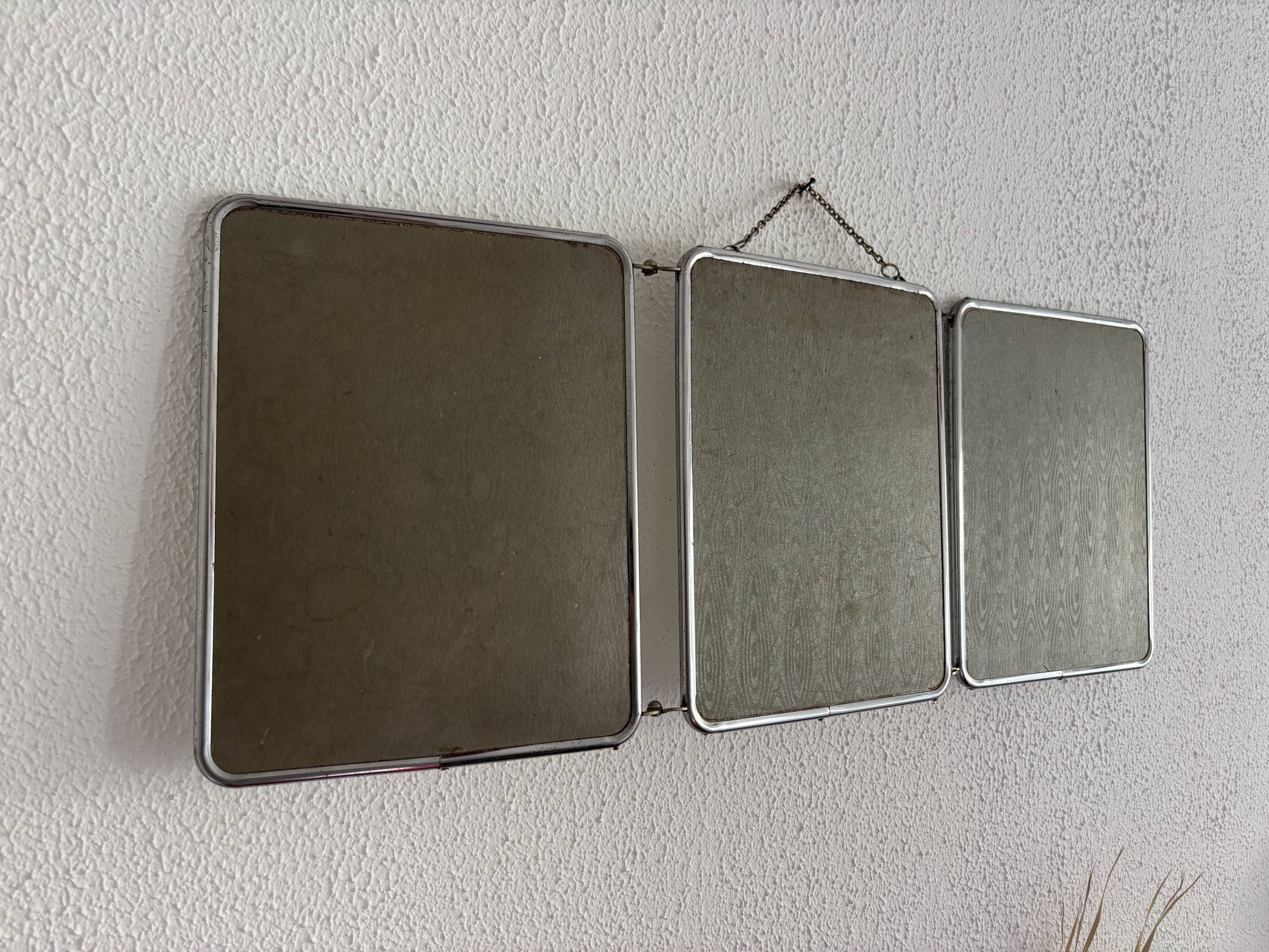 Miroir vintage 1960 triptyque barbier argenté Arpin - 28 x 70 cm