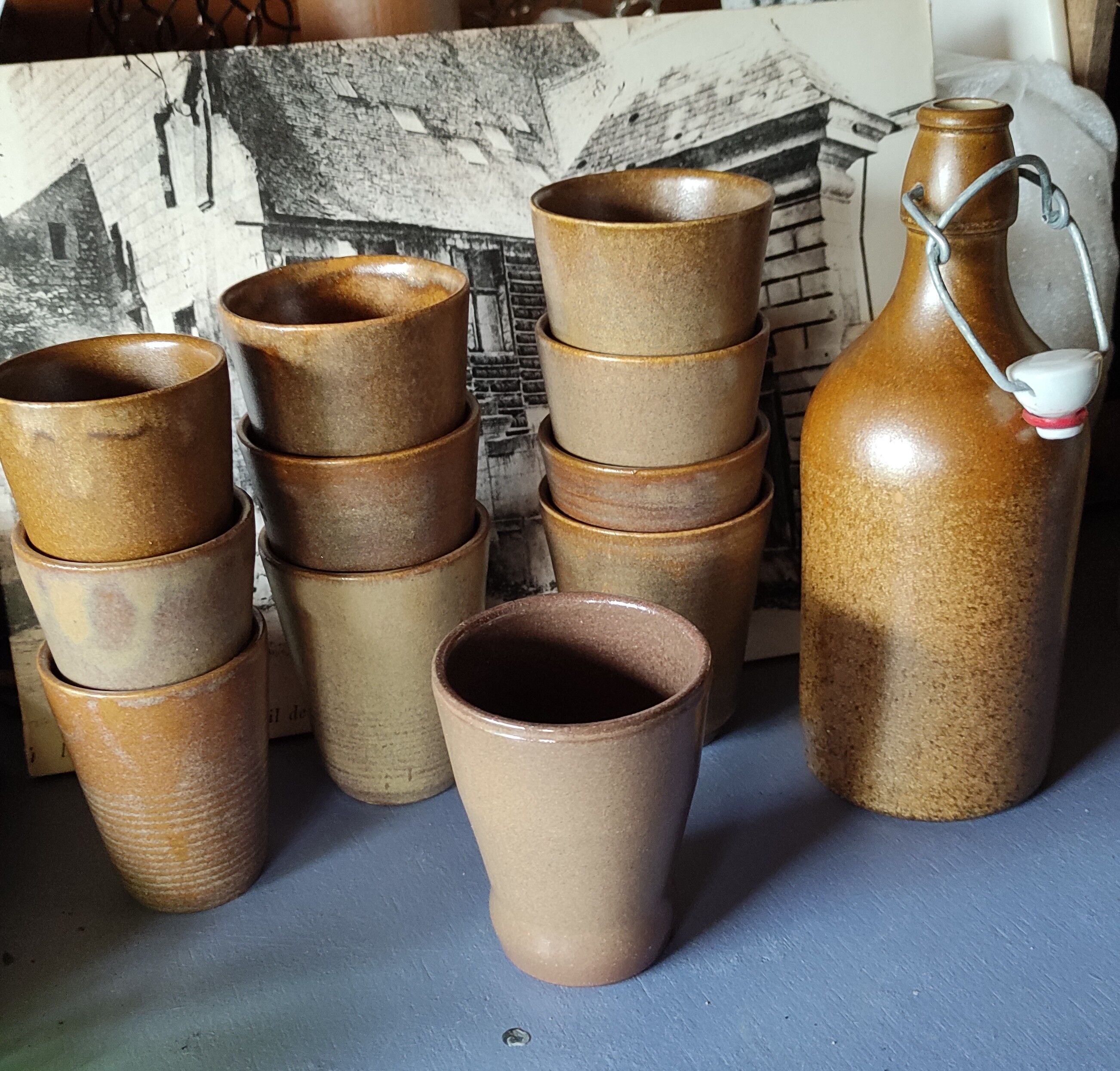 Set of Digoin stoneware cups or glasses
