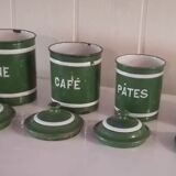 Set of 6 old enamelled jars with 6 trundle lids