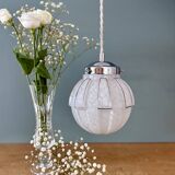 Vintage art deco globe pendant light in white and silver Clichy glass