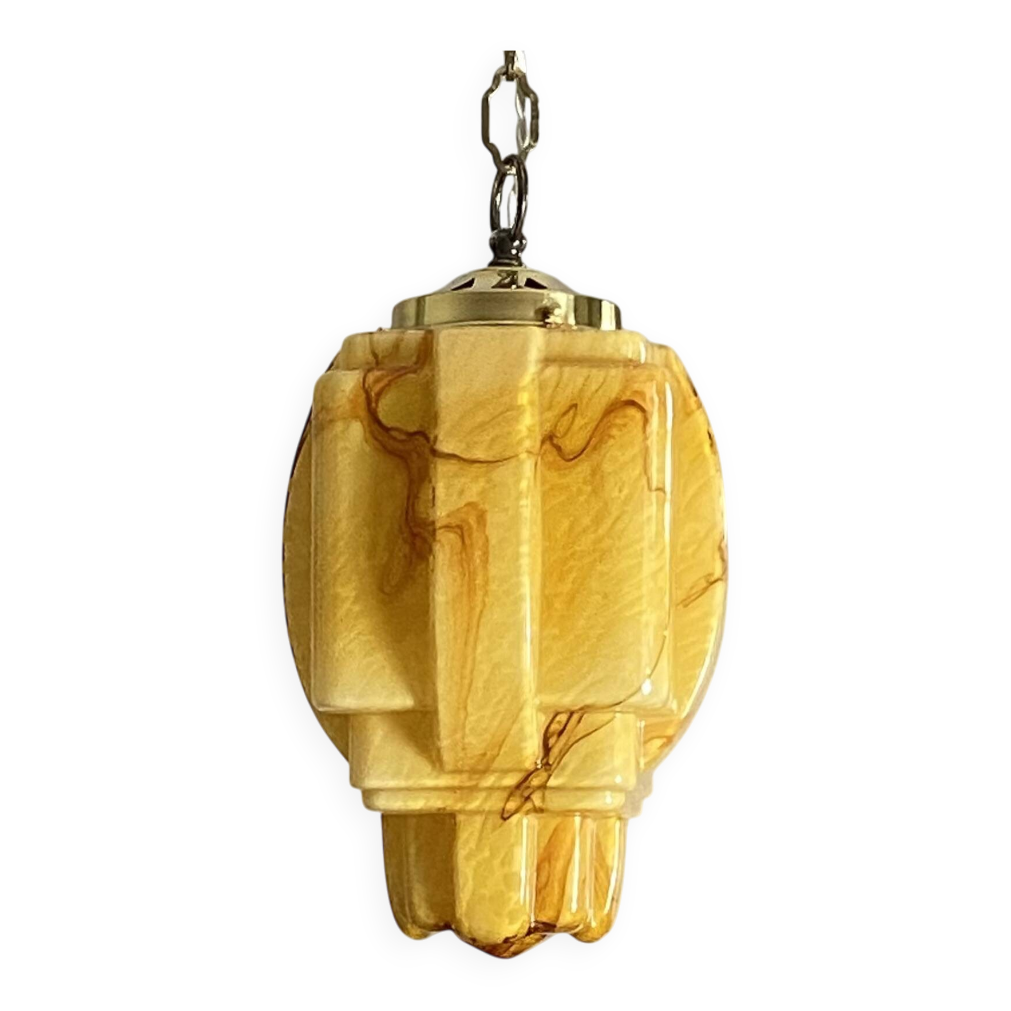 Suspension lustre Art Deco skyscraper in marbled yellow and gold opaline.