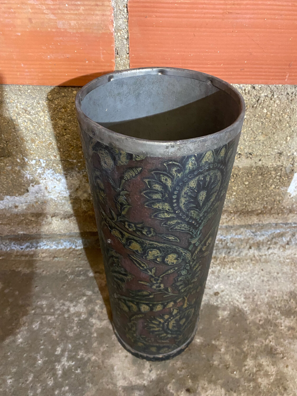 Vintage Lincrusta Loreid Umbrella Stand in Leather with Metal Rim
