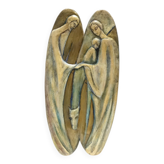 Panneau en hêtre peint et sculpté à la main représentant la Sainte Famille, Italie