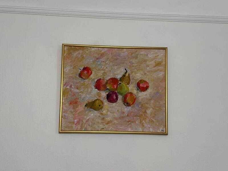 Original Swedish oil on canvas – “Frukt” by Bente Bjerregaard – dated 1989 – vintage & framed 59 × 70 cm