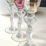 Set of 3 iridescent glasses/Caryatids/Venus base. Royal Bayel Crystal.