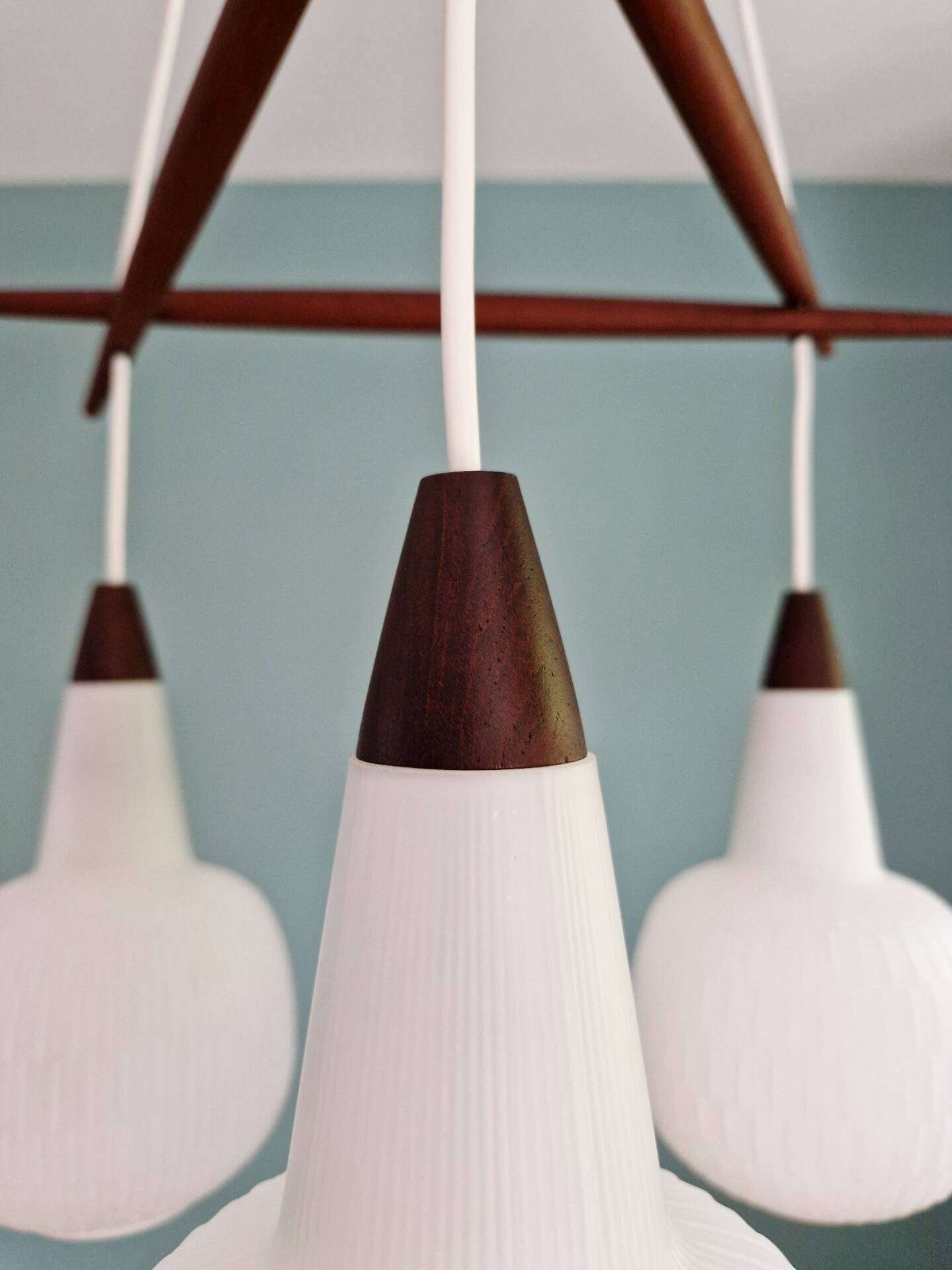 Scandinavian chandelier in teak and white opaline, 1960s