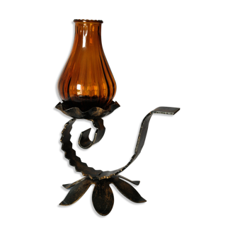 Candle holder cellar rat wrought iron and vintage amber glass