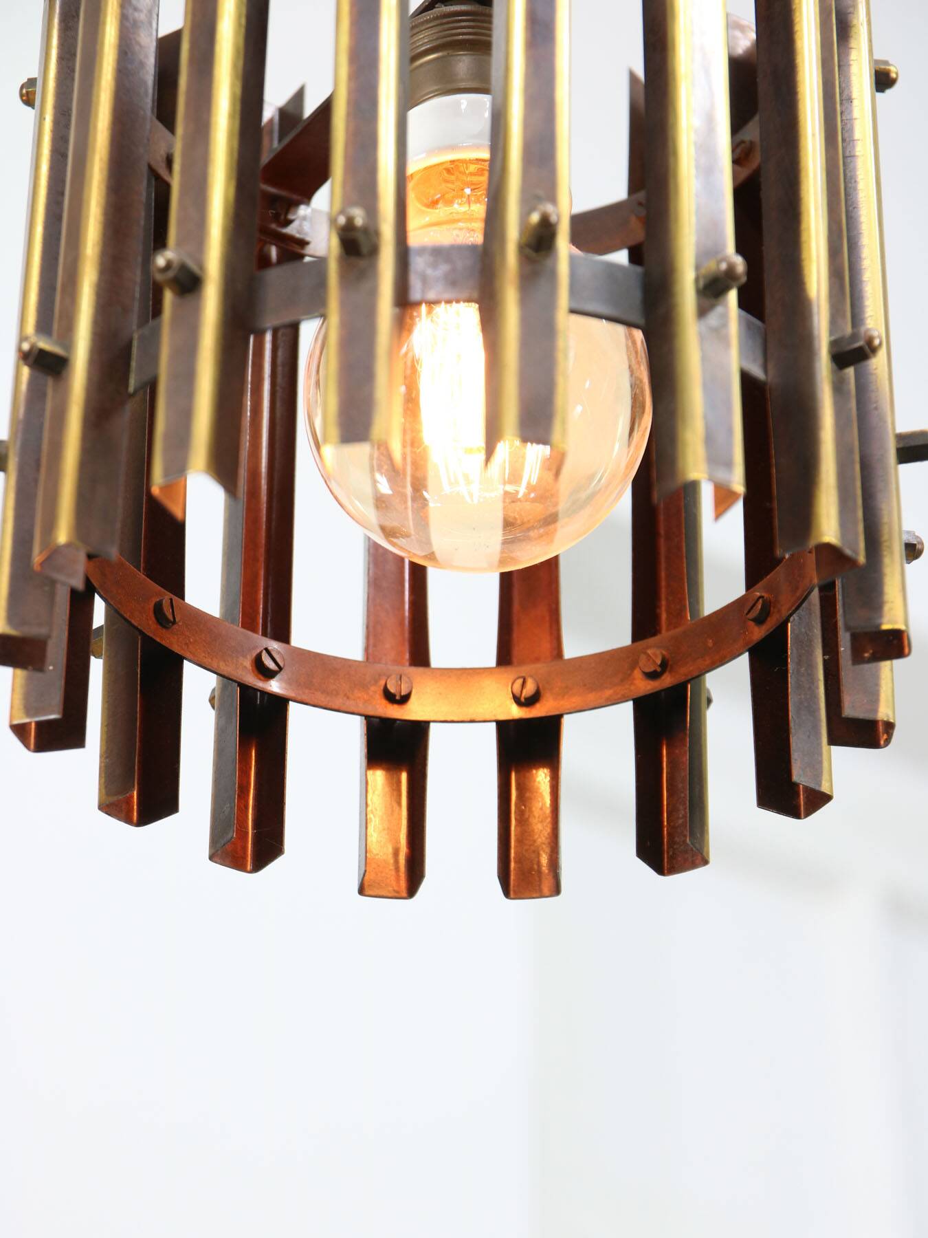 Vintage Italian Brass Cage Pendant Lamps, 1970s, set of 2