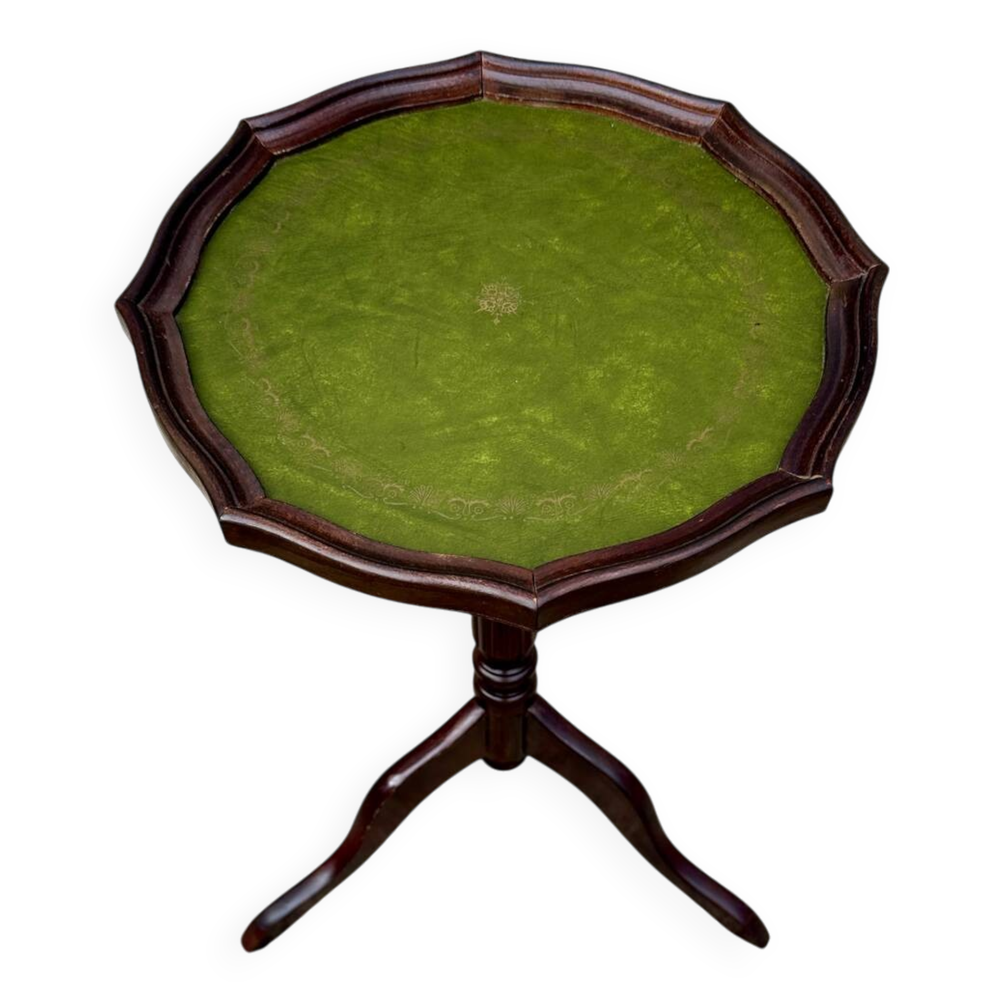 Small antique wooden and leather pedestal table, vintage wine side table