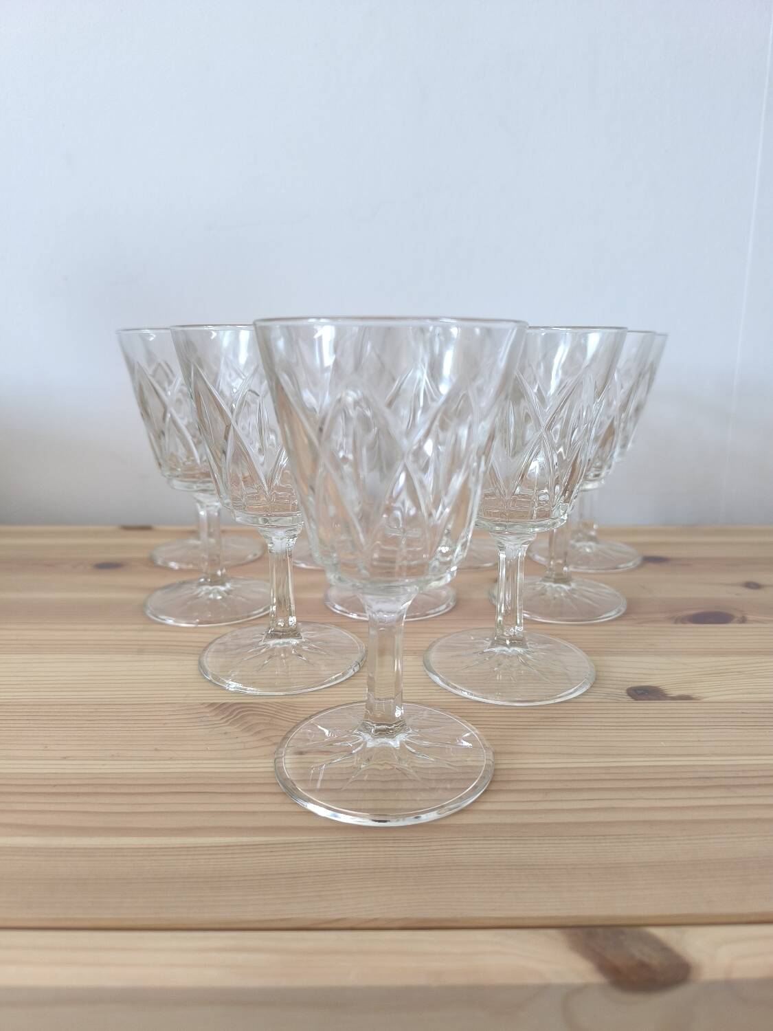 Set of 10 Chiseled Glass Wine Glasses from the 60s