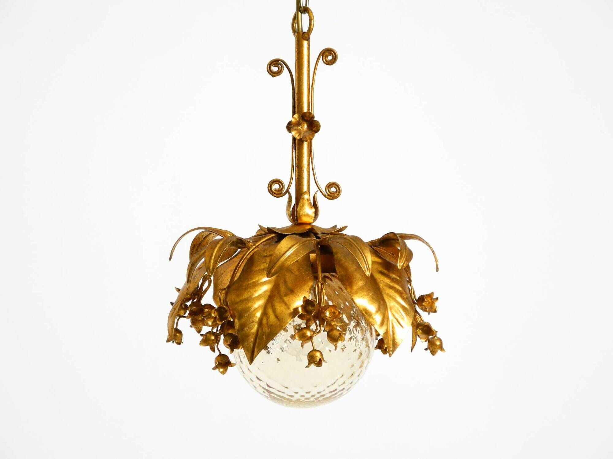 1970s gold-plated metal pendant lamp with a glass sphere by Hans Kögl