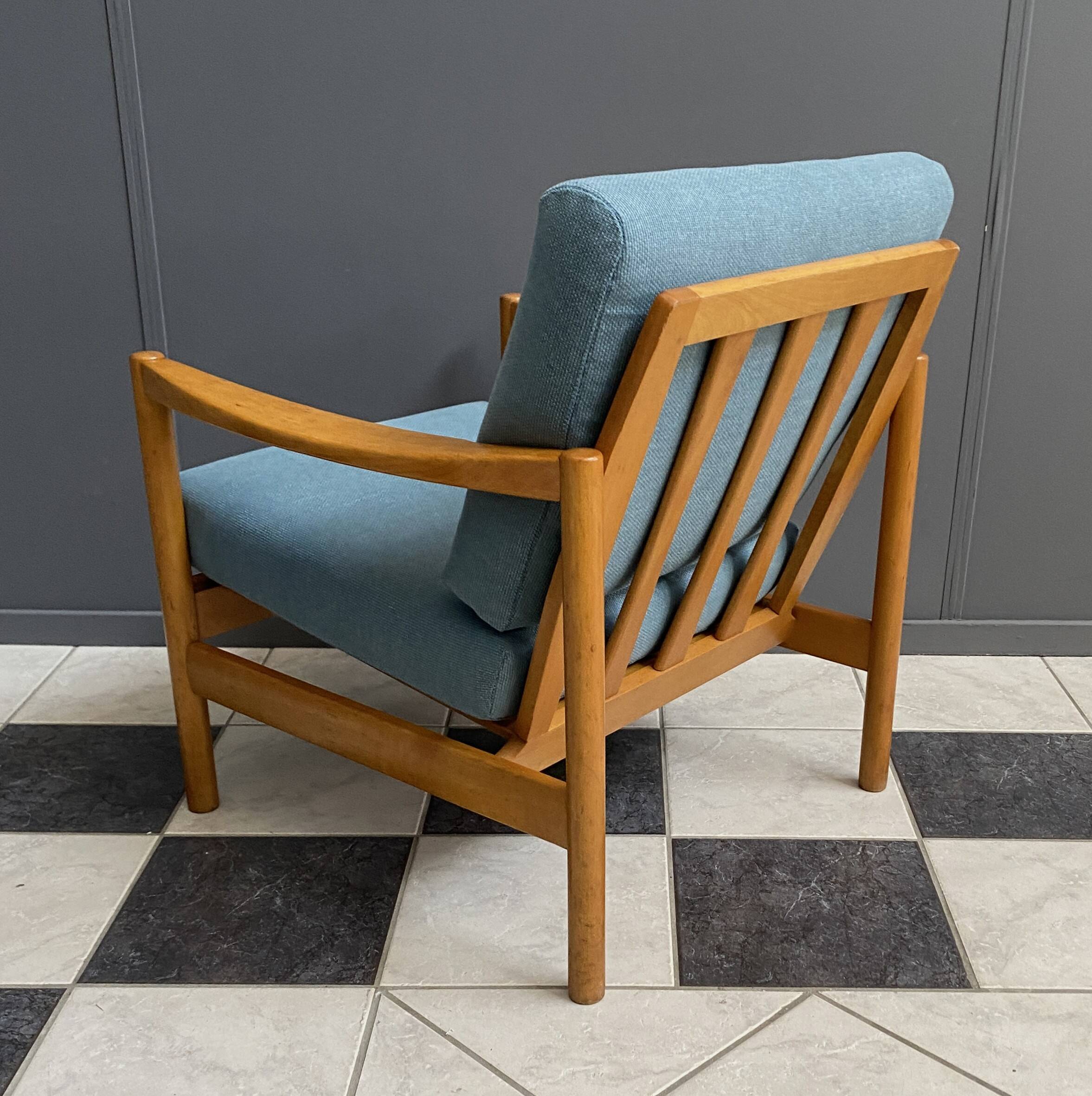 Wood arm chair reupholstered in blue fabric 1960s