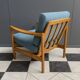 Wood arm chair reupholstered in blue fabric 1960s