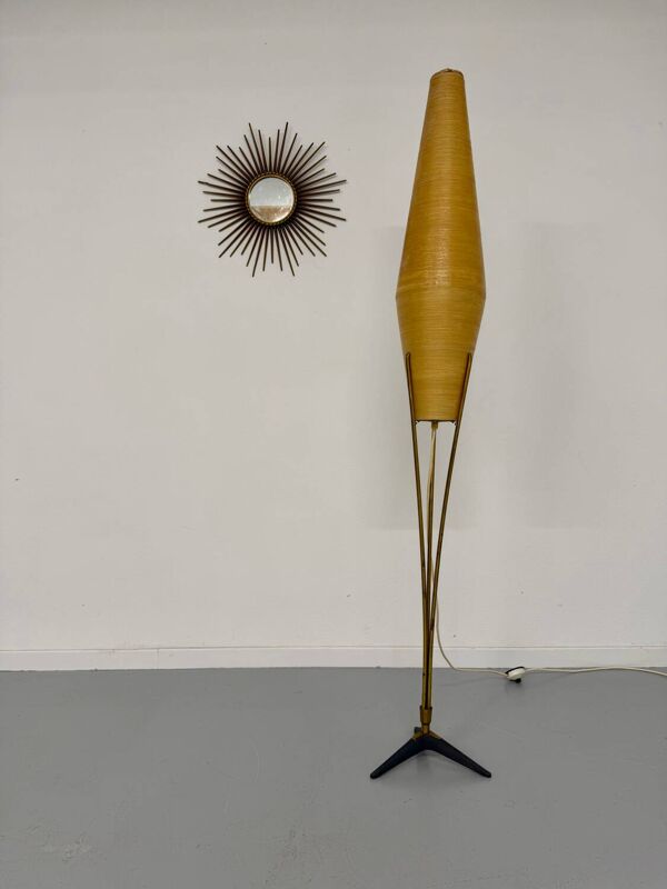 Ancien lampadaire amphore laiton et fibre design des années 60 vintage