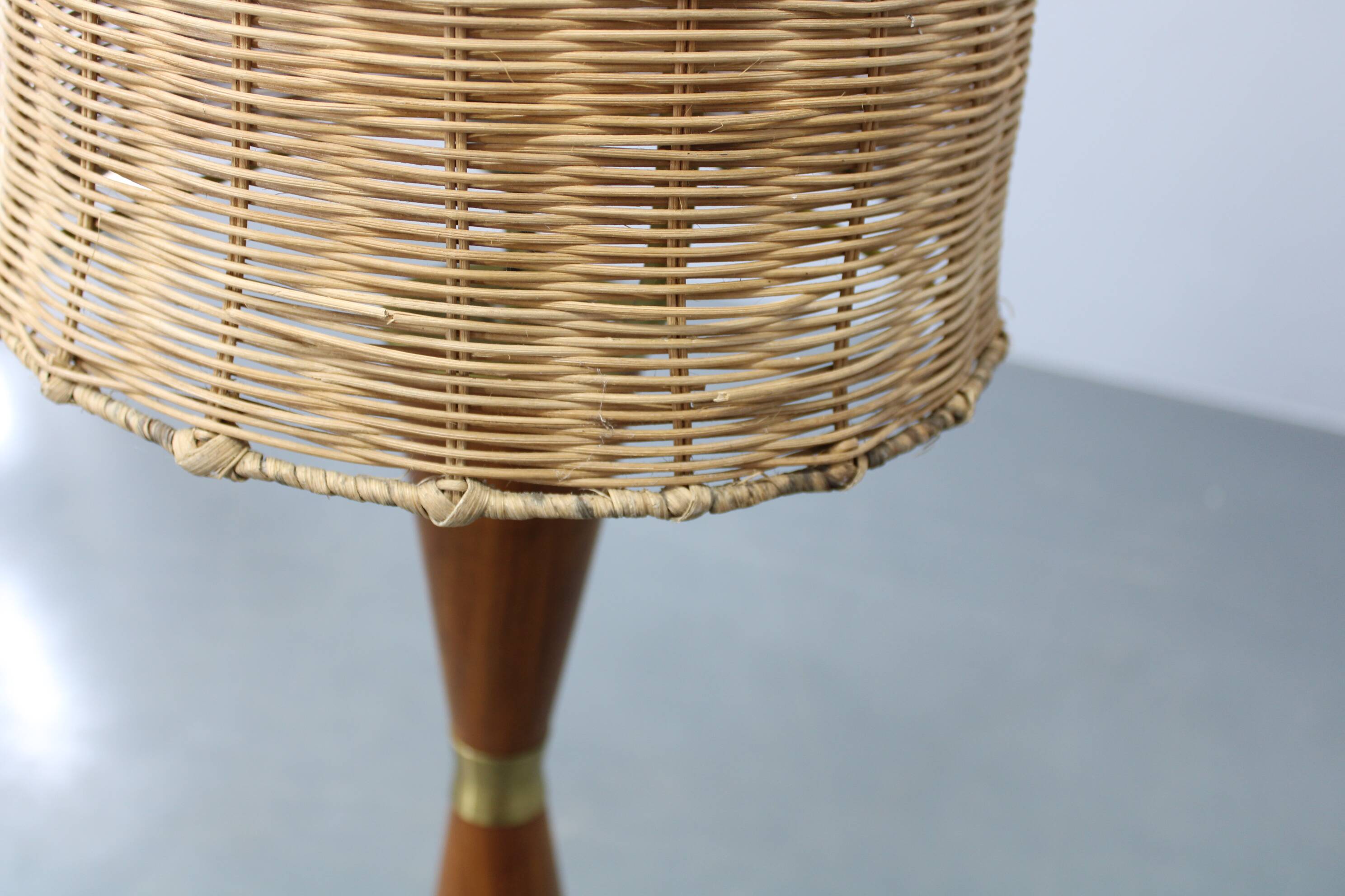 1960s Parker Knoll wooden table lamp with wicker shade, Britain
