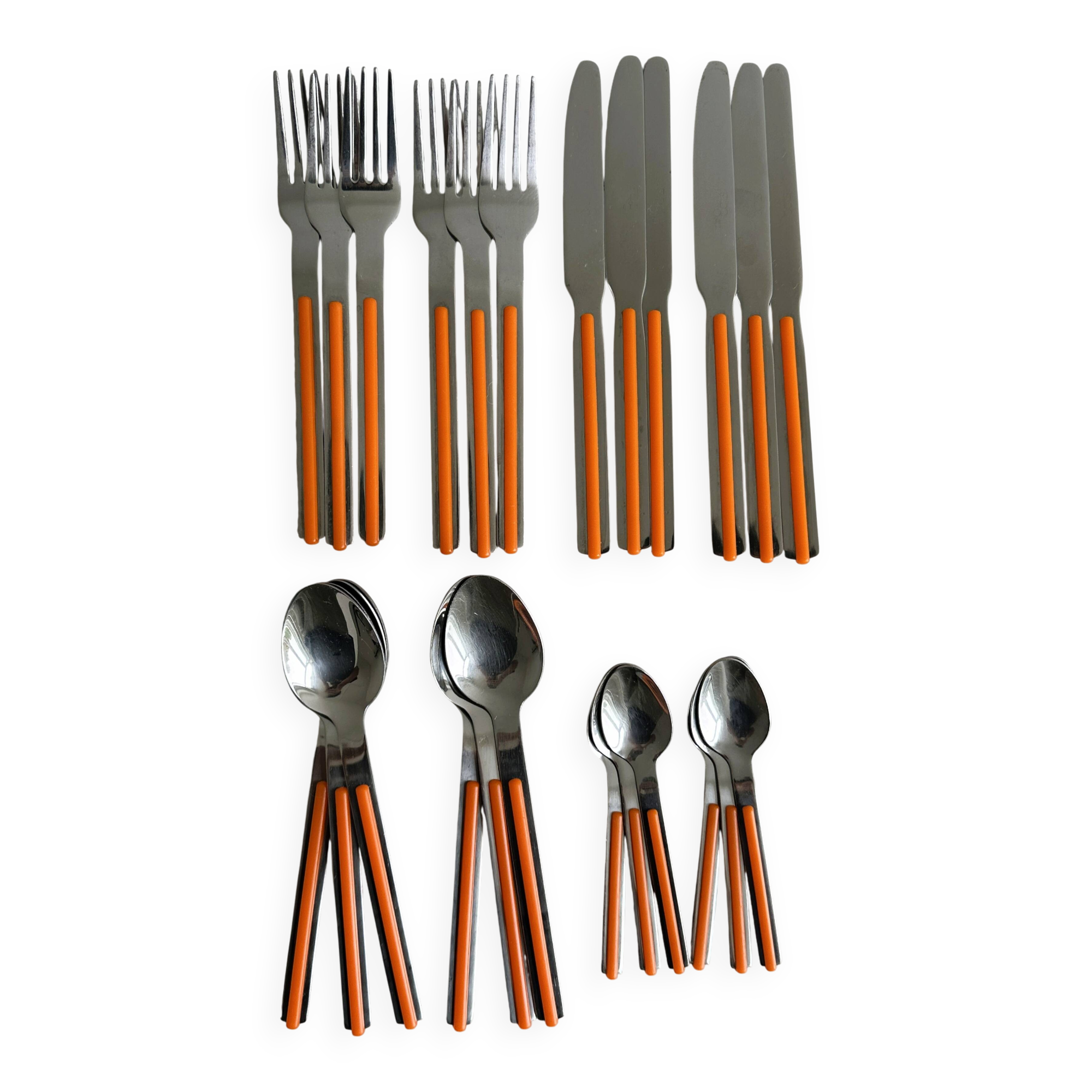 24 vintage stainless steel and orange plastic cutlery sets
