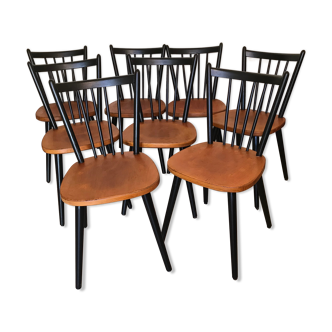 Lot of 8 Scandinavian chairs feet compass stamped Hiller