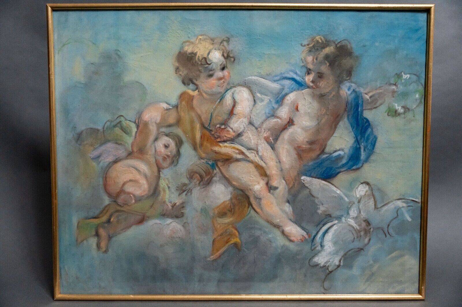 Late 19th century pastel painting decorated with cherubs and doves