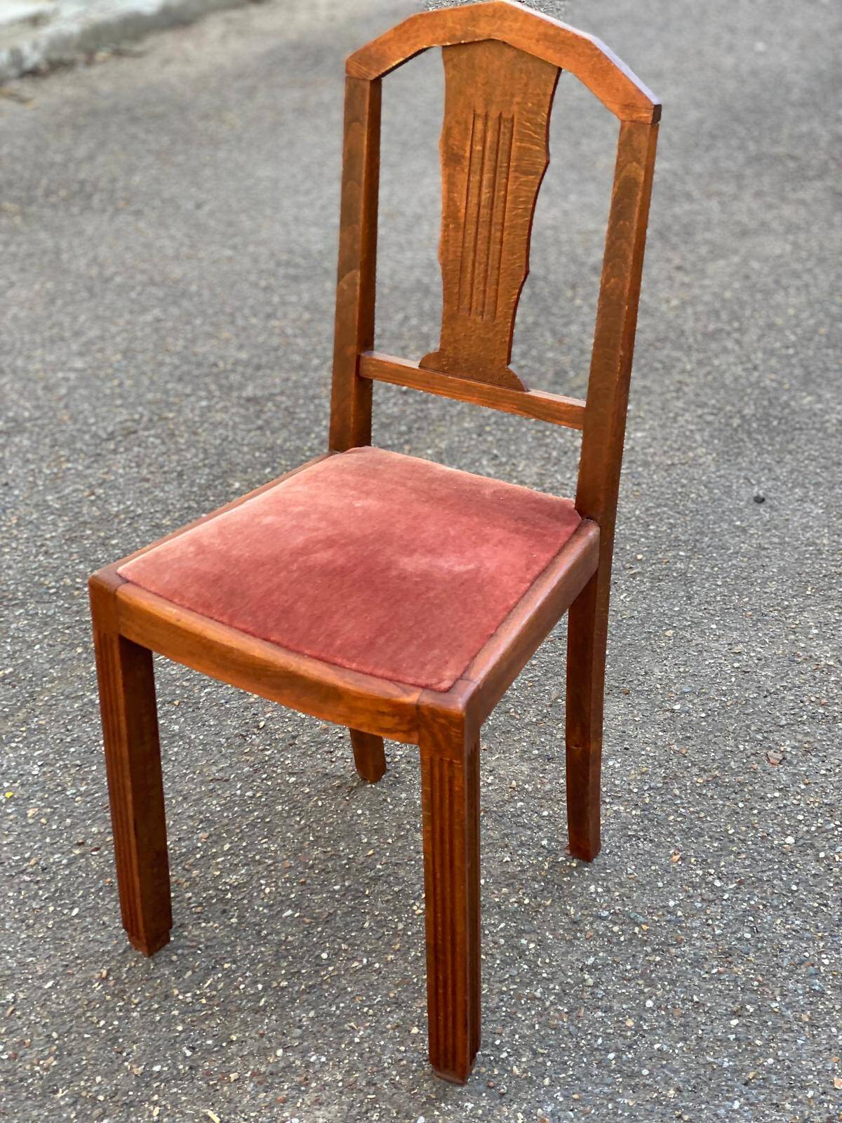 Art Deco chair in solid wood and burgundy velvet fabric
