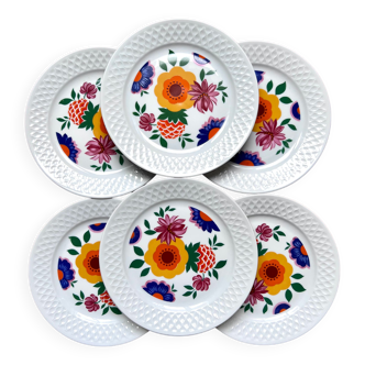 Assiettes à dessert années 1980 estampillées Bavaria Schrirnding motif fleur mod funky