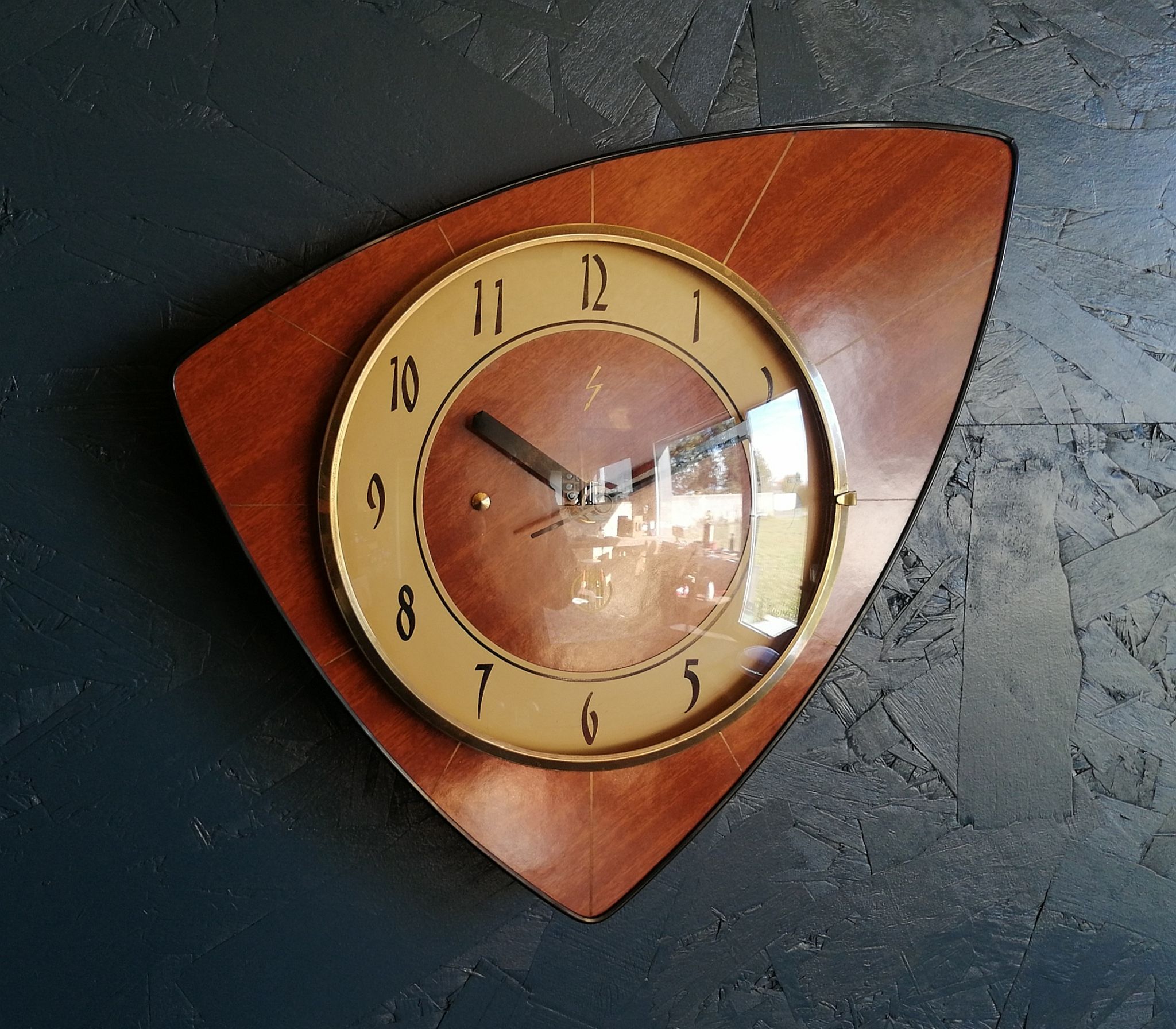 Clock formica vintage asymmetrical silent wall clock "SMI gilded wood"