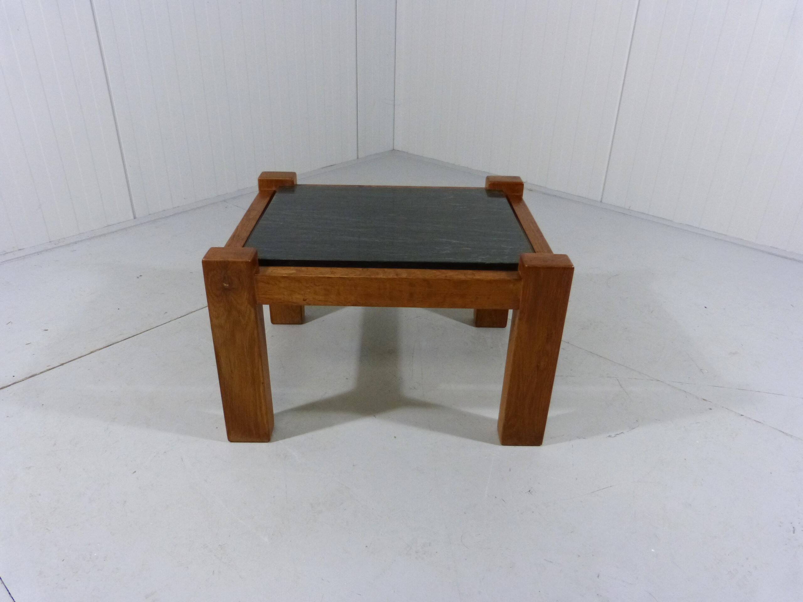 Brutalist coffee side table in oak & natural stone 1970's