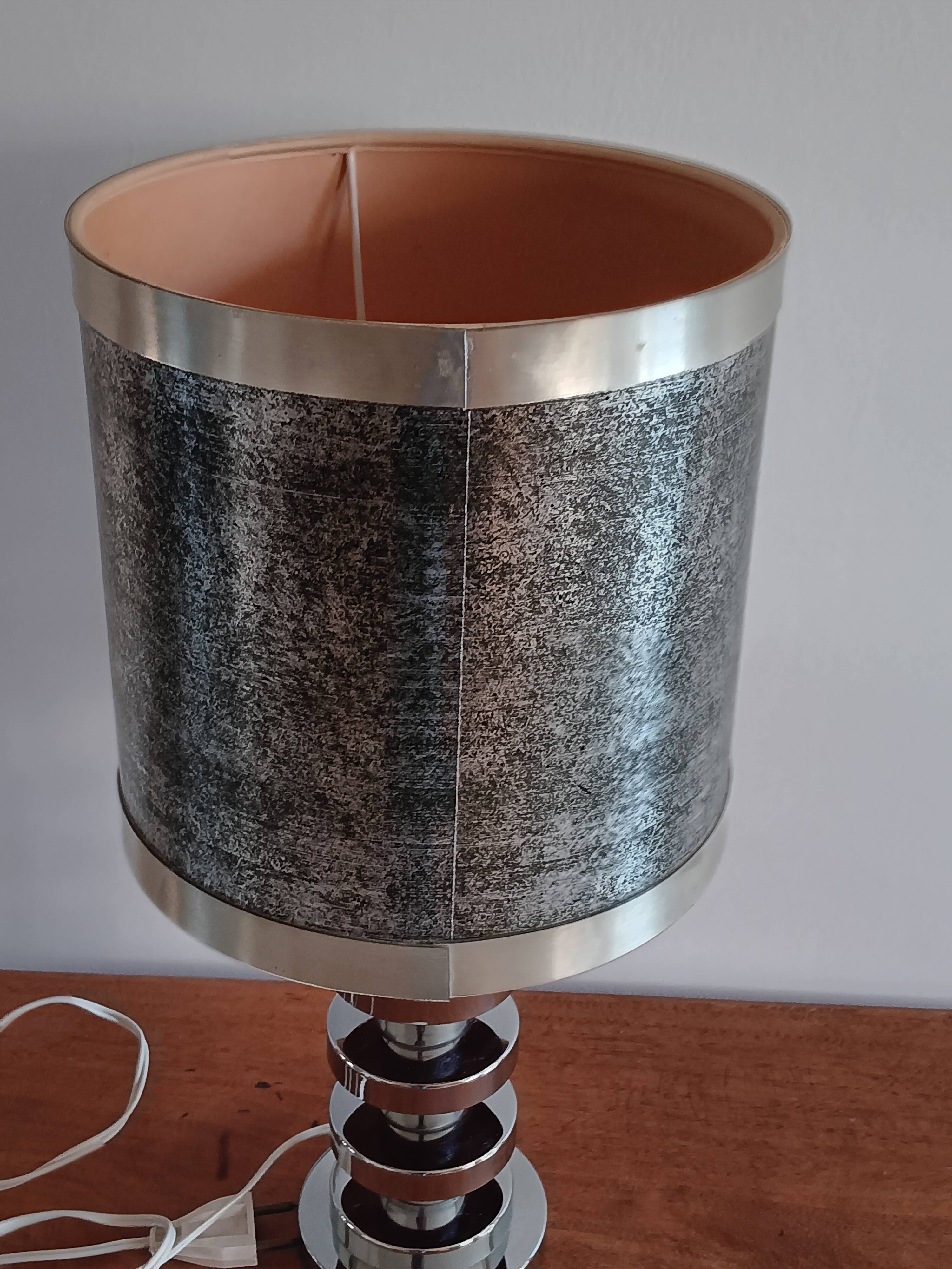Chromed metal lamp and metallic paper lampshade. 70s