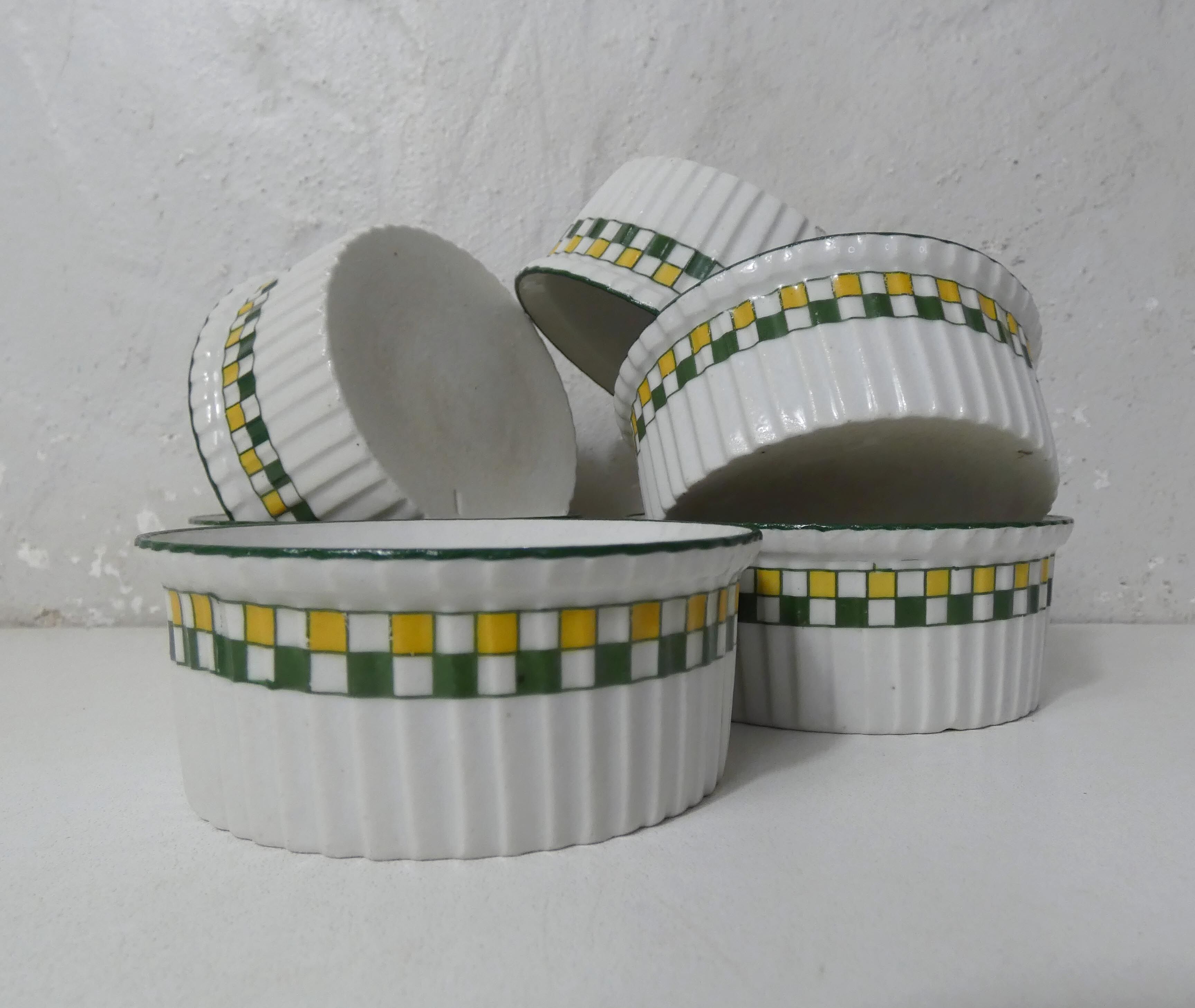 6 old ramekins porcelain checkerboard decoration